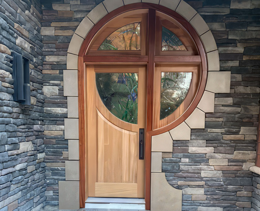 Custom front door with arch top and stone